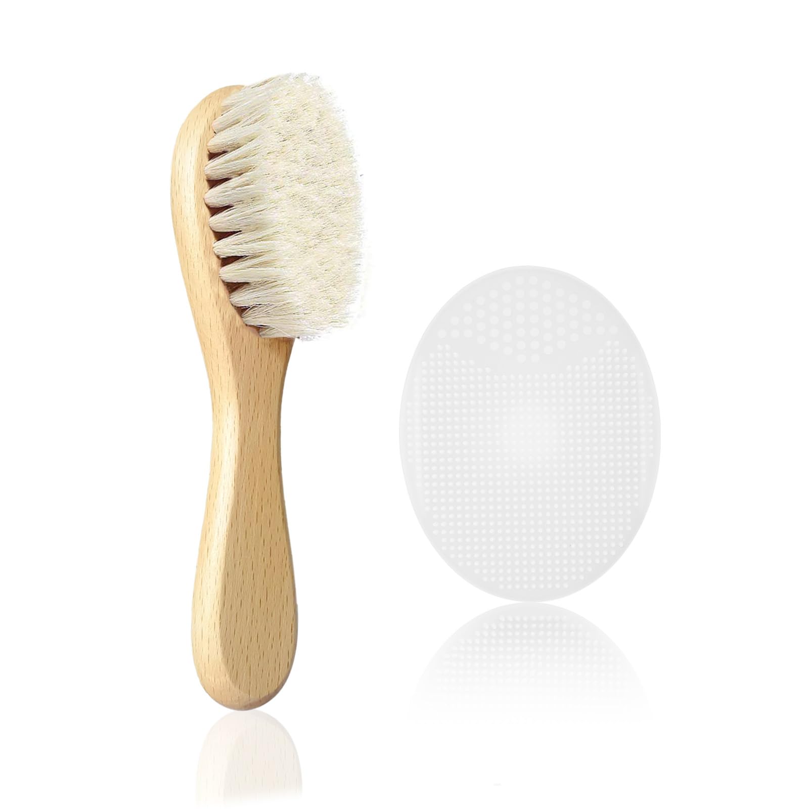 Mocokkiti Baby Hair Brush, Wooden Soft Goat Bristles Brush and White Baby Silicone Brush Set for Cradle Cap Wood Bristle Brush for Newborns and Toddlers, Baby Hair Care Kit (2PCS)