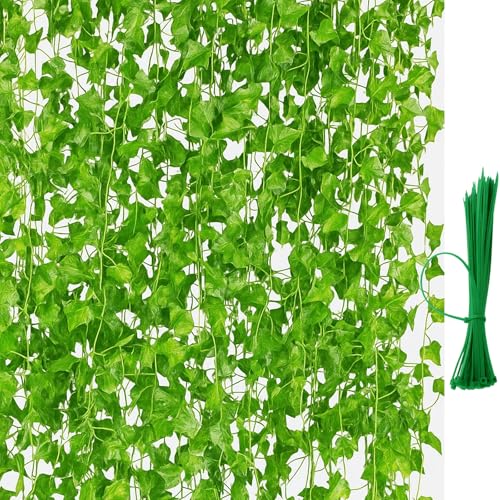 Fake Ivy Garland, 12 Pack Artificial Ivy Vines with 50 Ties for Home Decor, Fake Plants for Wall, Wedding, Bedroom Aesthetic, Garden, Fence, 150cm Long