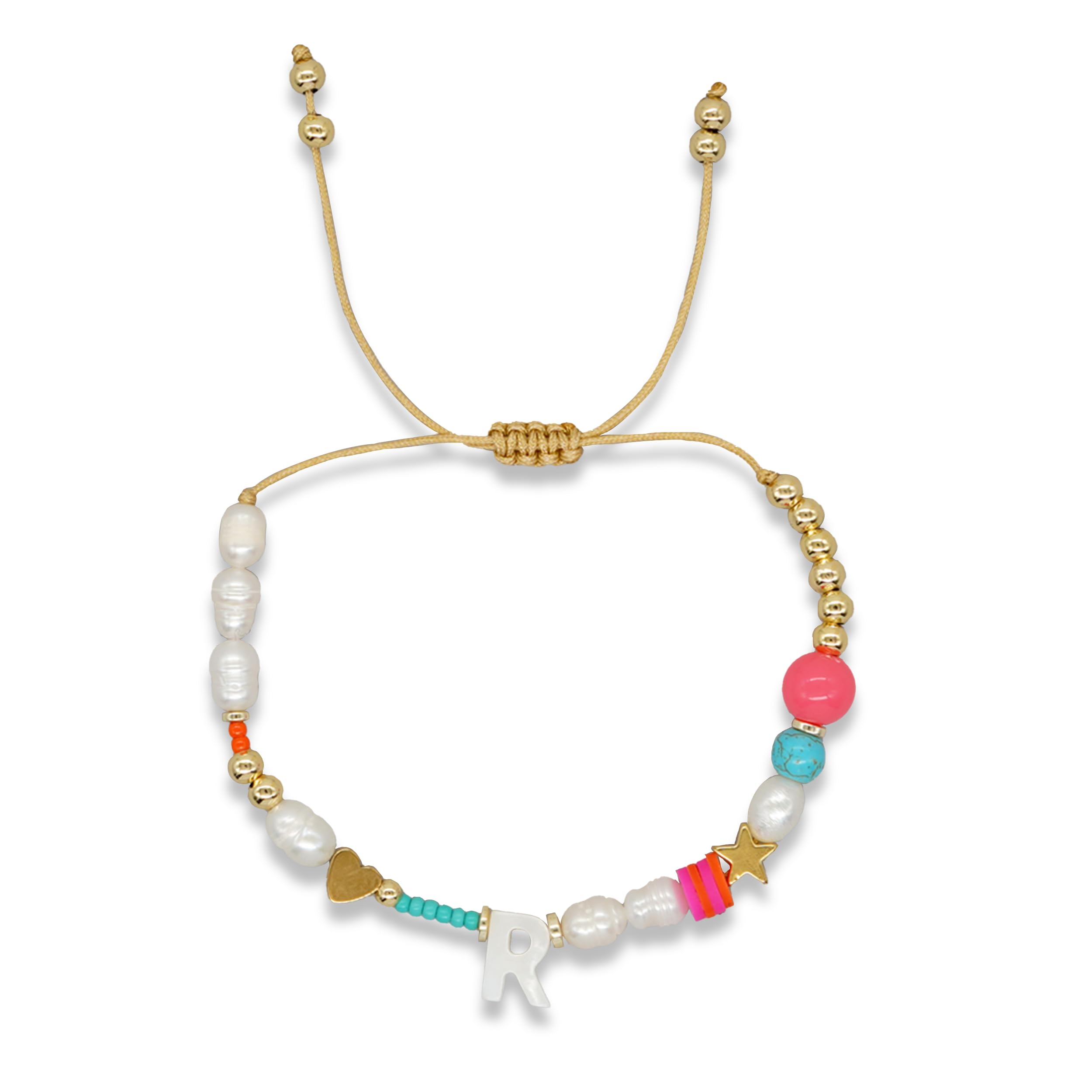 Agriajun Valentines Day Initial Pearl Beaded Adjustable Bracelets for Women, Cute Handmade Gold Clay Beads Friendship Heart Letter Name Bracelet