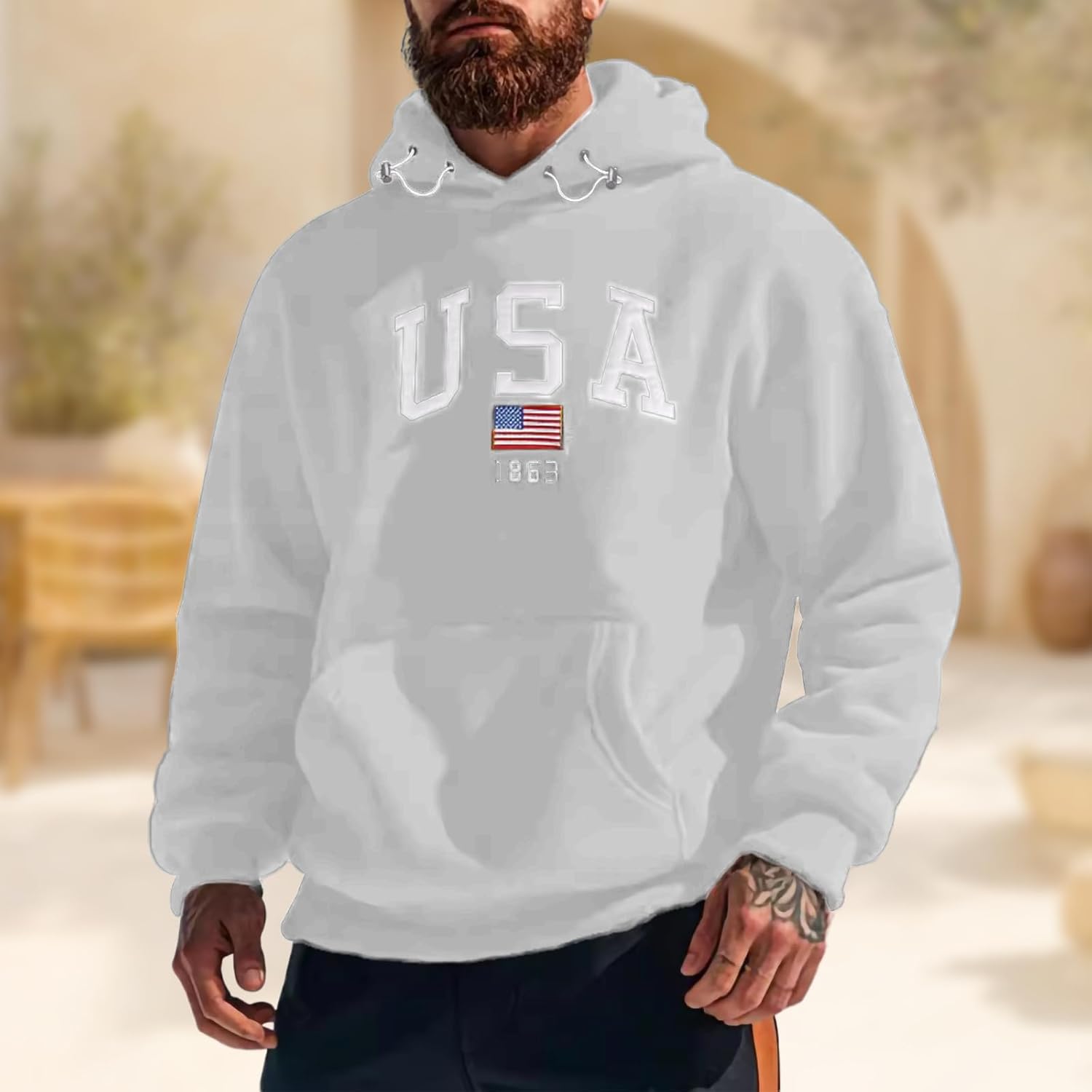 Mens Warm Thick Heavyweight Winter Sweatshirt Loose Fit American Flag Print Pullover Long Sleeve Hoodie - Image 2