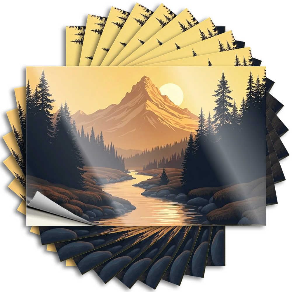 Golden Sunset Over Serene Mountain Stream with Pine Trees Guest Bathroom Decor Bookish - Decal Helmet Waterproof Decal(6X9CM)