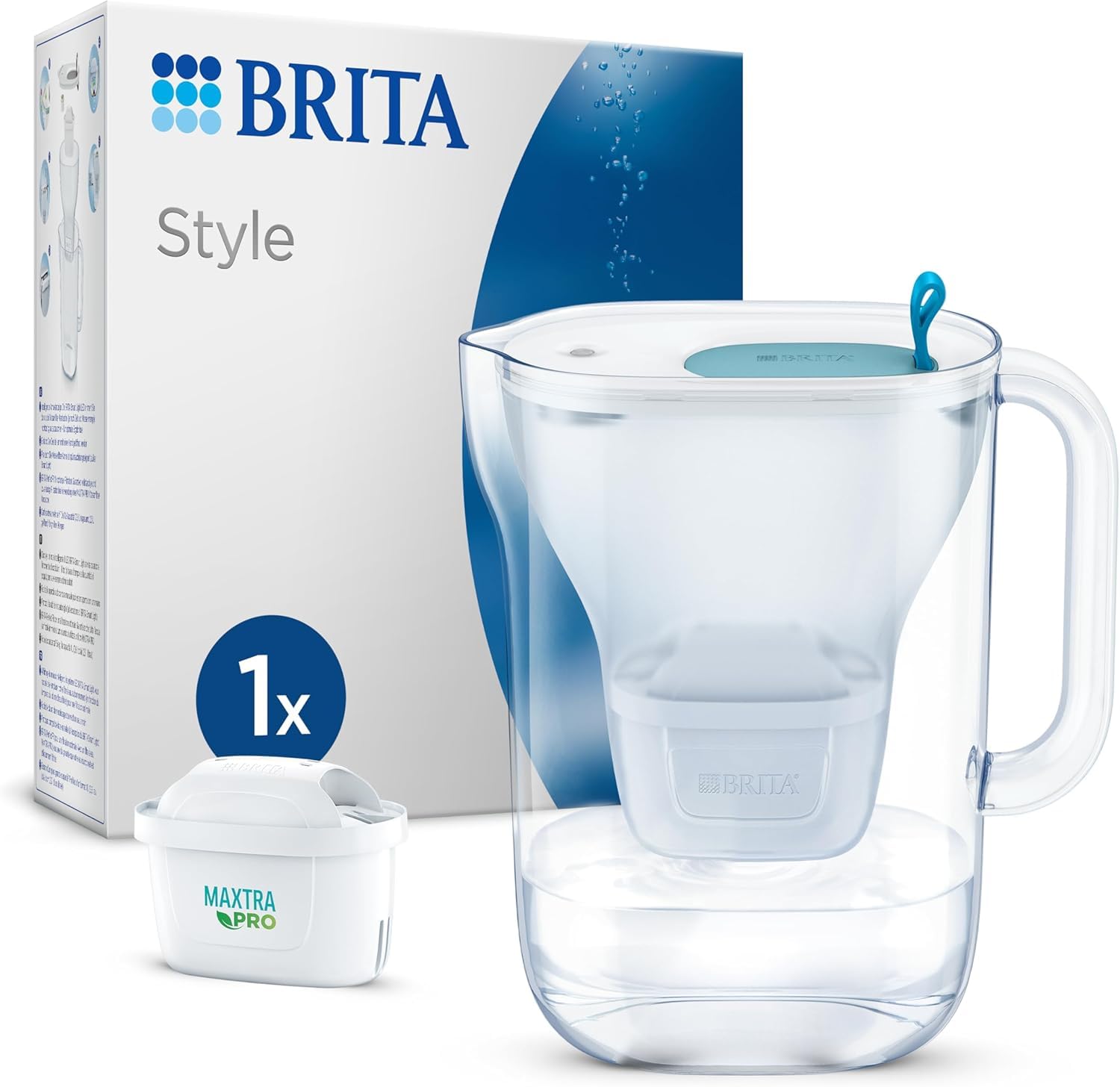 BRITA Caraffa filtrante Style Blue (2,4 L) con 1 cartuccia MAXTRA PRO All-in-1 - caraffa dal design con LED LTI intelligente e coperchio a scatto - ora in confezione sostenibile Smart Box