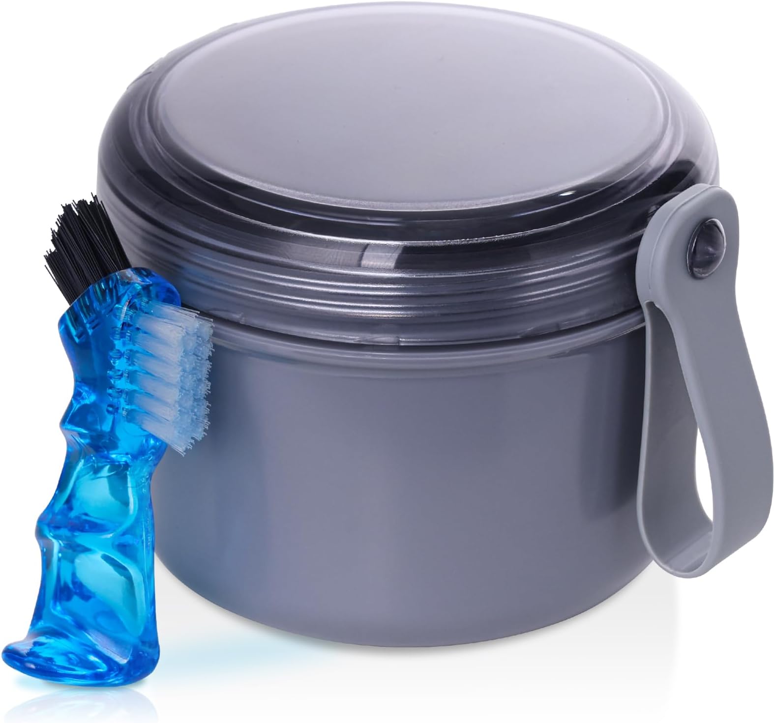 Denture Case, Leak Proof Denture Bath Cup for Travel, Denture Container Cups for Soaking Full & Partial Dentures, Retainers, Denture Cleaning Kit Holder Box with Denture Cleaner Brush-Grey