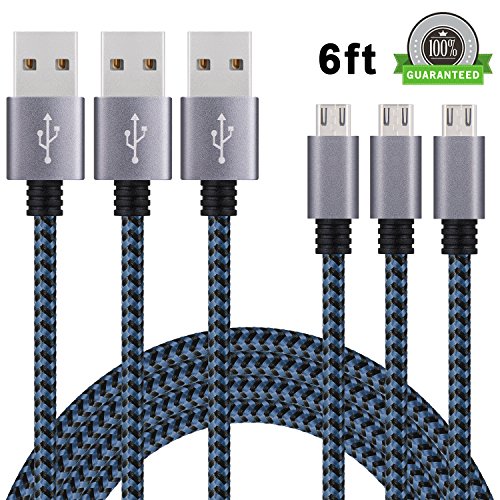 Amoner Micro USB Cable, 6FT Premium Nylon Braided USB Charging Cord for Android, Samsung Galaxy, HTC, Nokia, BlackBerry, Sony and Other Tablet Smartphone(Blue,3 Pack)