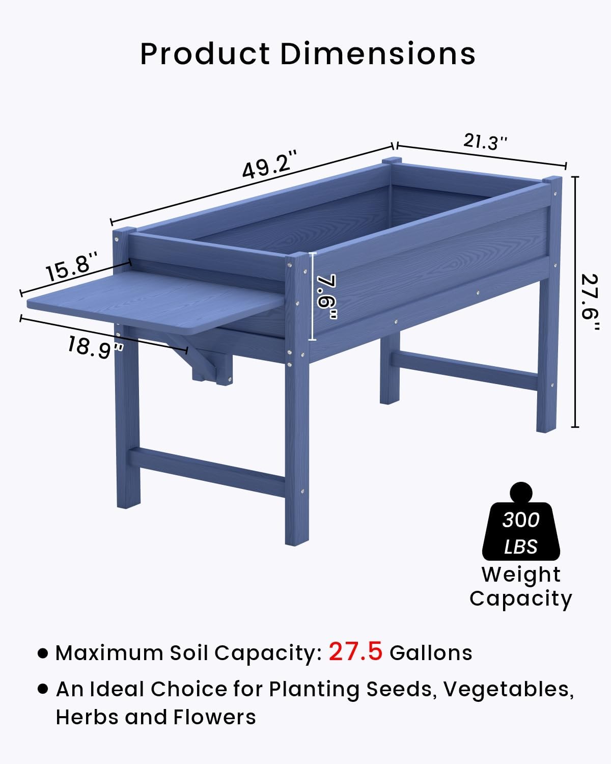 HDPE Raised Garden Bed with Legs, 49x21x27in All-Weather Heavy Duty Planter Box, Outdoor Elevated Garden Bed for Seeds, Herb, Flower, Vegetable (Navy Blue)