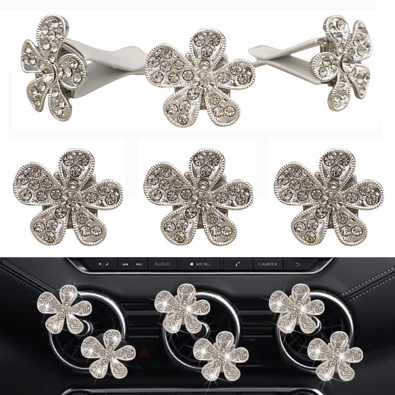 Bling Flower Air Vent Clips, 6 Pcs Cute Rhinestone Daisy Car Vents Clips Car Interior Decoration, Decorative Diamond Charm Car Accessories for Women Girls