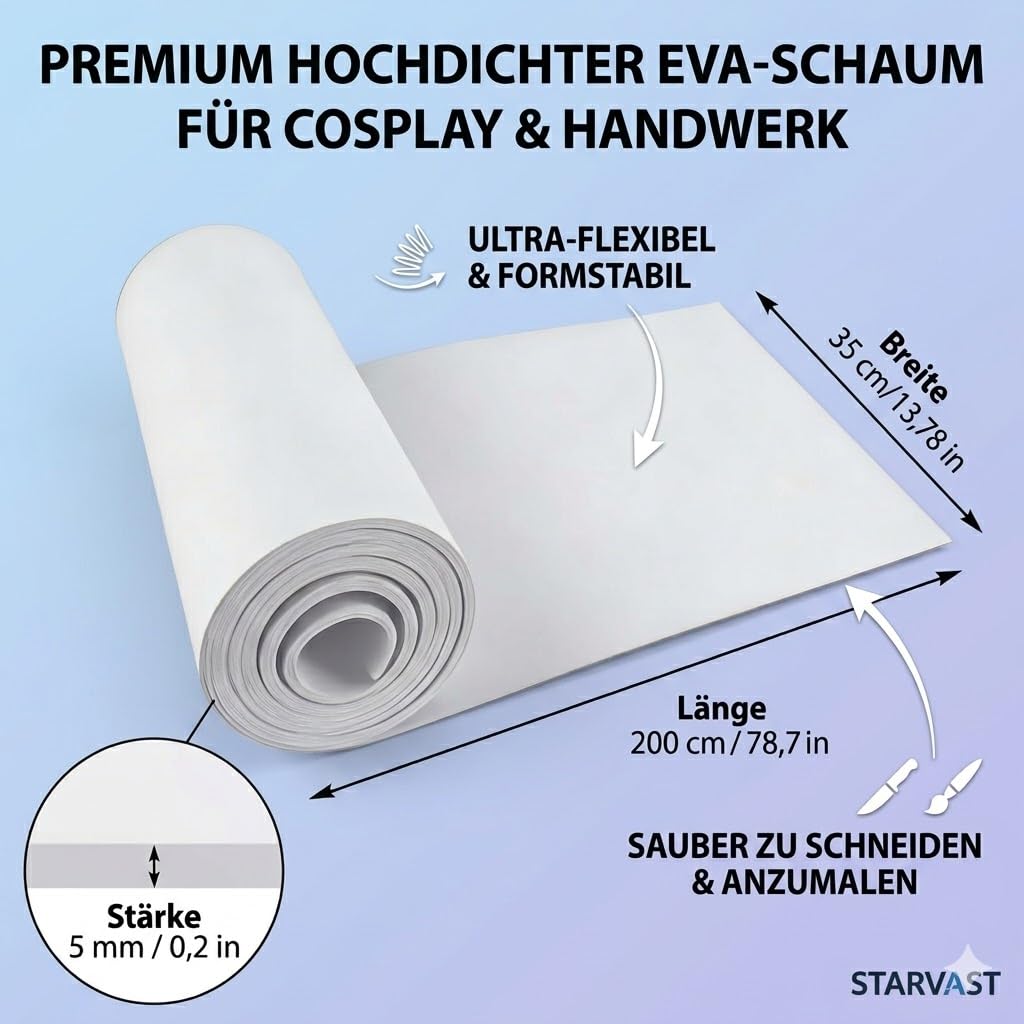 STARVAST Lot de 2 plaques de mousse EVA blanches de 5 mm - Pour cosplay - 35,5 x 200 cm - Haute densité - 86 kg/m3 - Pour artisanat, costume, projet de bricolage (5 mm blanc)