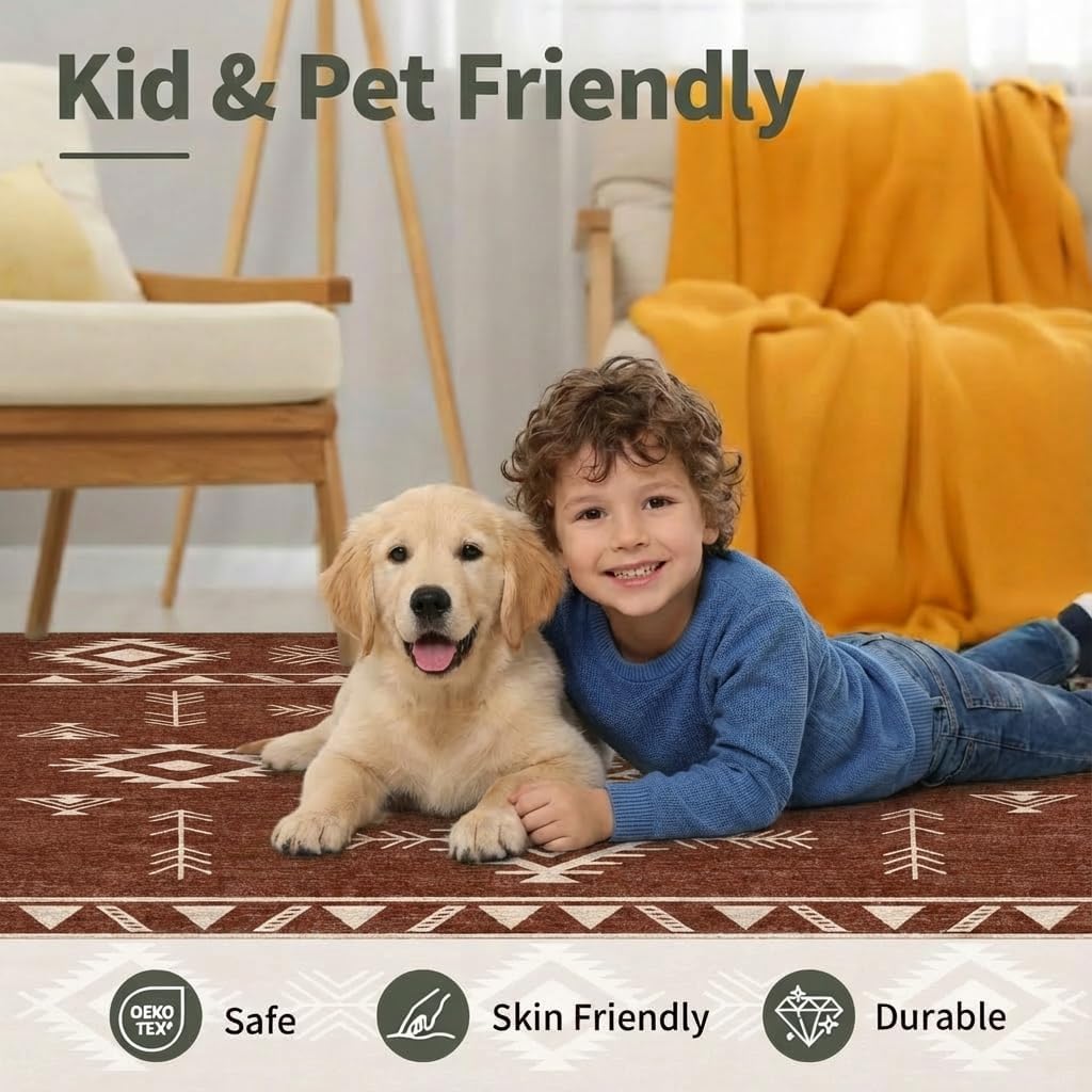 5x7 Area Rug Southwestern Tribal Geometric Rug with Non Slip Backing, Washable Low Pile Red Brown Cream Carpet for Bedroom, Living Room, Dining Room, Home Office