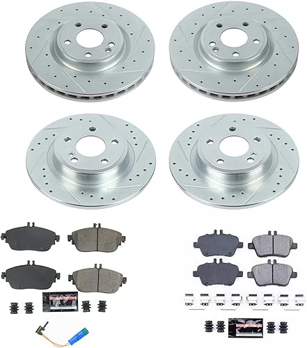 Miniatura 2 de Power Stop K8046, Z23 Kit de frenos delanteros y traseros, rotores de freno perforadosranurados y pastillas de freno de cerámica de carbono