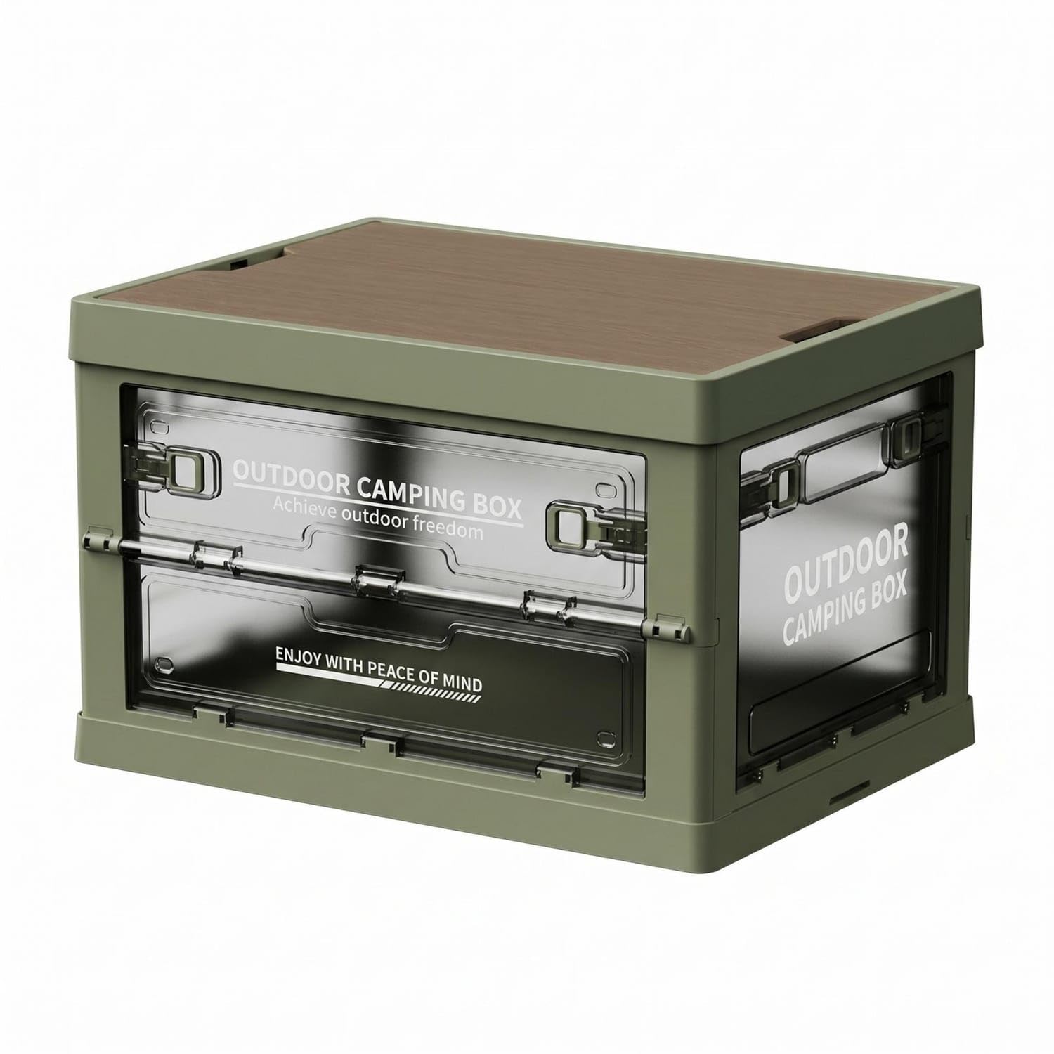Wood-Look Lid Foldable Storage Box Five-Side Opening Collapsible Storage Box Latch Closures Stackable Tote Crate Hard for, Picnic Organization, Transparent Green, L 5-Door-image-8