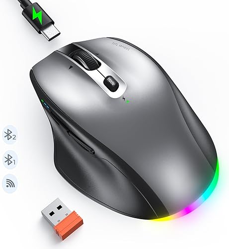 Ratón inalámbrico Bluetooth para laptop, mouse recargable LED con rueda inclinable, mouse inalámbrico ergonómico para múltiples dispositivos 2.4G +