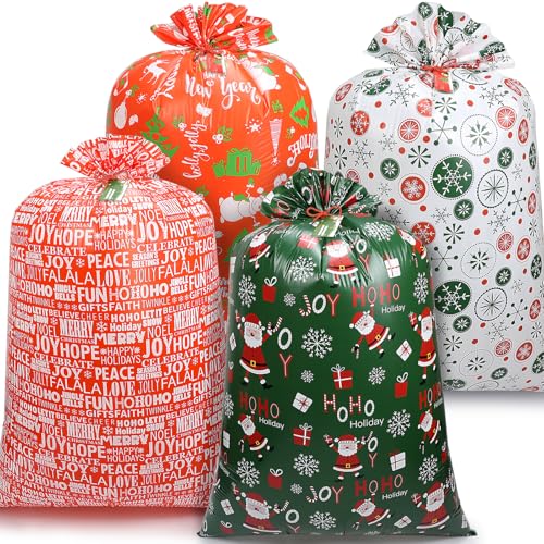HRX Package Extra Large Christmas Gift Bags 56x36 inch, 4pcs Jumbo Gift Bags for Presents, Heavy Duty Plastic Wrapping Xmas Sack for Huge Gifts