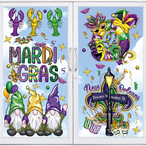 JarThenaAMCS Mardi Gras Window Clings 4 Sheet Purple Mask Gnome Crawfish Window Sticker Watercolor Reusable Static Window Decal Decorations for Wall Glass Car Carnival Masquerade Party Decor Supplies