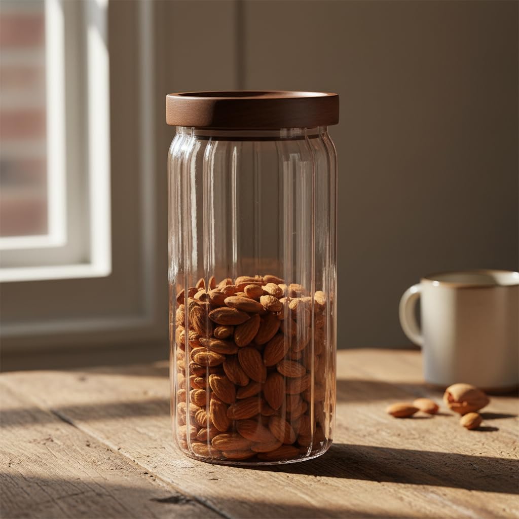 Deconox Akasya Kapaklı Çizgili Cam Kavanoz (1000ml /1 Litre) | Hava Geçirmez, Modern Fitilli Tasarım Gıda Saklama Kabı | Kahve, Çay, Kuruyemiş ve Bakliyat Kavanozu (9x20cm)