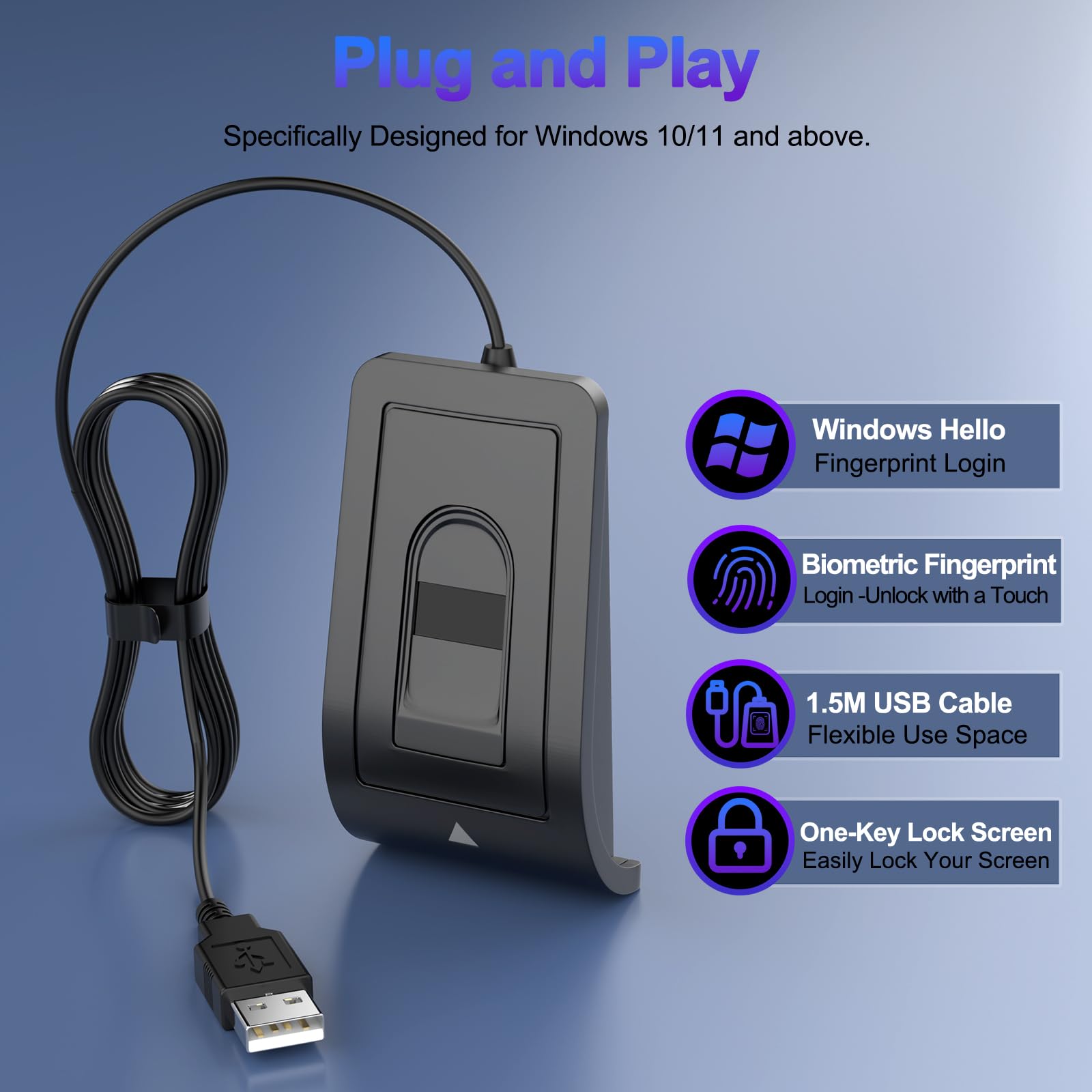 Lecteur d'empreintes digitales USB-A pour Windows 10/11,360 Degrés Tactile Lecteur Empreinte Digitale avec câble d'extension (1,5 m) sans Mot de Passe et chiffrement des fichiers,Plug&Play