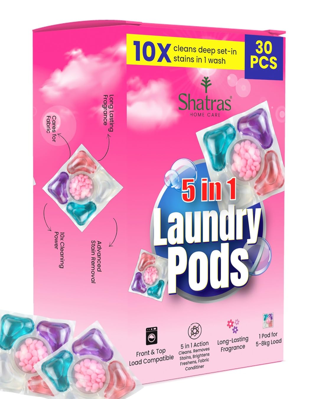 Shatras 5-in-1 Laundry Detergent Pods (30 Pack) | Powerful Stain Remover | Floral Fragrance | For Top & Front Load Washing Machines | 1 Pod = 1 Wash (Up to 8kg Loads)-image-4