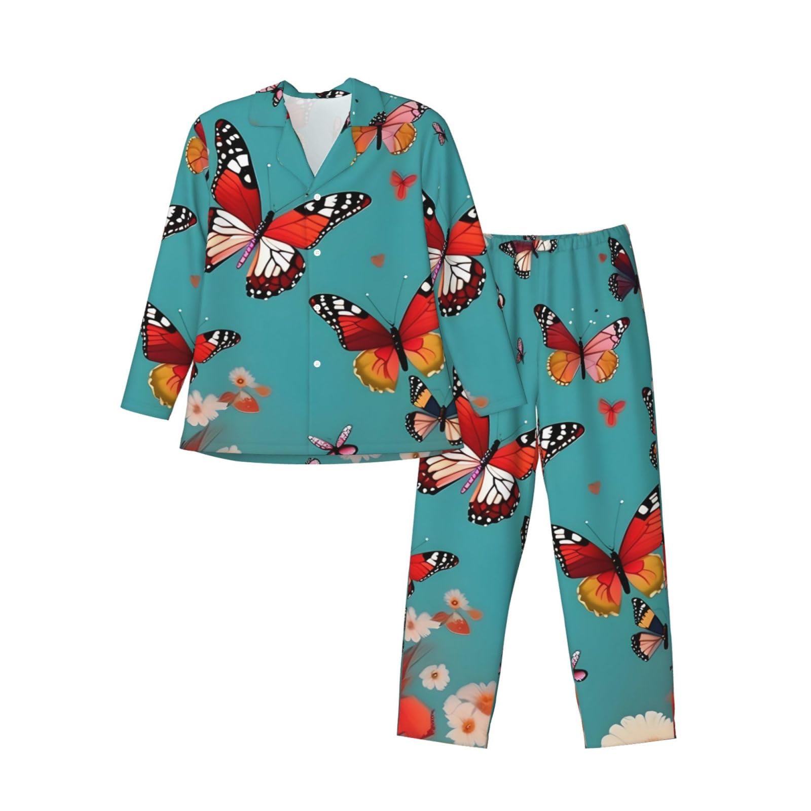 Hen Flying Butterflies Among Flowers Print Herren-Pyjama-Set, langärmelig, zweiteilig, Hauskleidung, bequeme Nachtwäsche