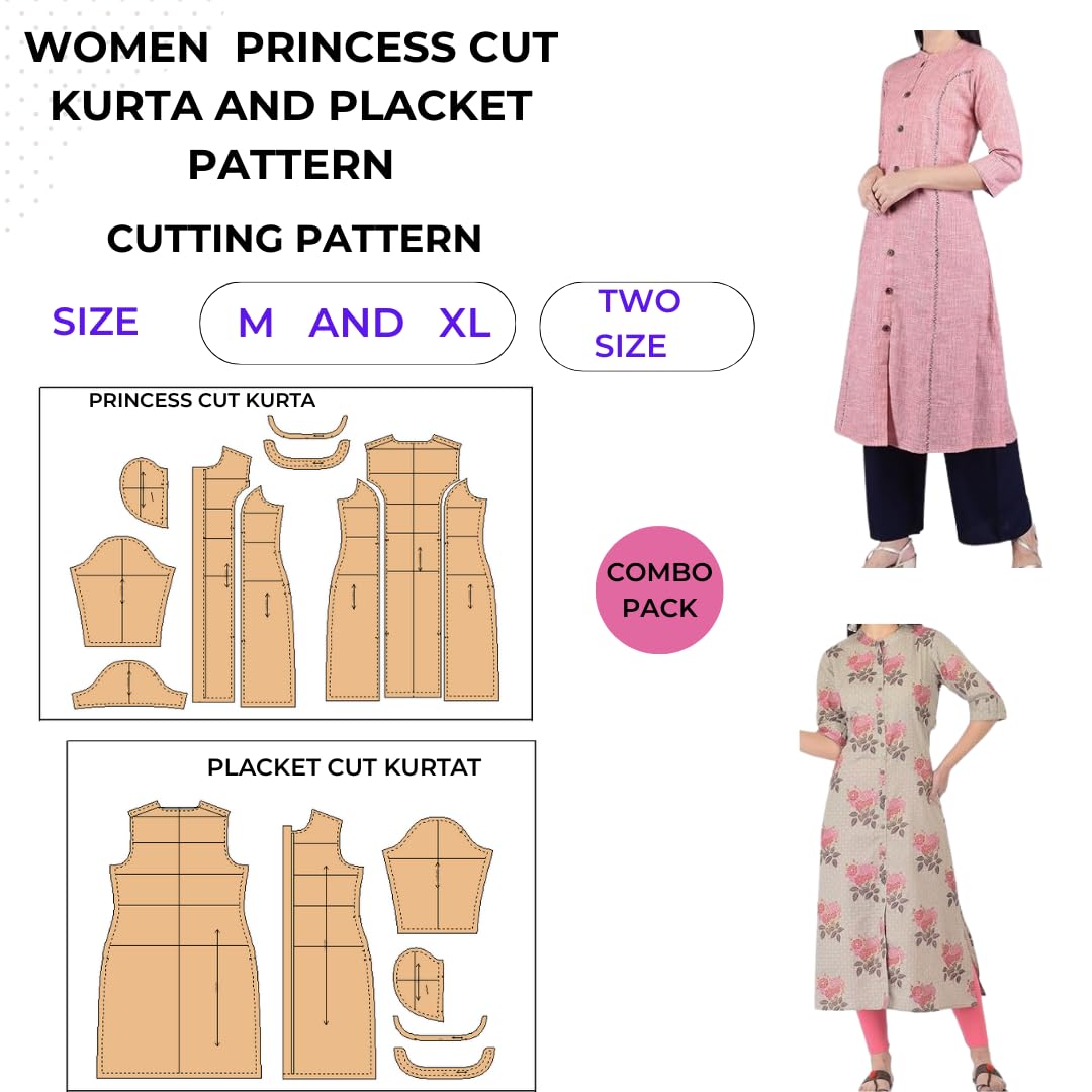 Women's Princess Cut and Placket Cut Kurta Sewing Pattern Combo Pack, Cutting Pattern with Two Sleeve Types, M and XL Sizes-image-20