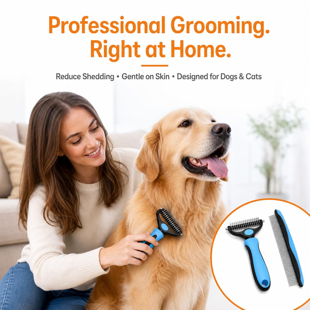 2-in-1 Undercoat Rake & Dematting Comb for Dogs & Cats – Professional Metal Grooming Tool for Matted Hair, Tangles & Shedding