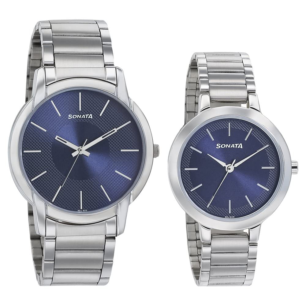 Quartz Analog Blue Dial Metal Strap Watch for Couple-NS770318141SM01P