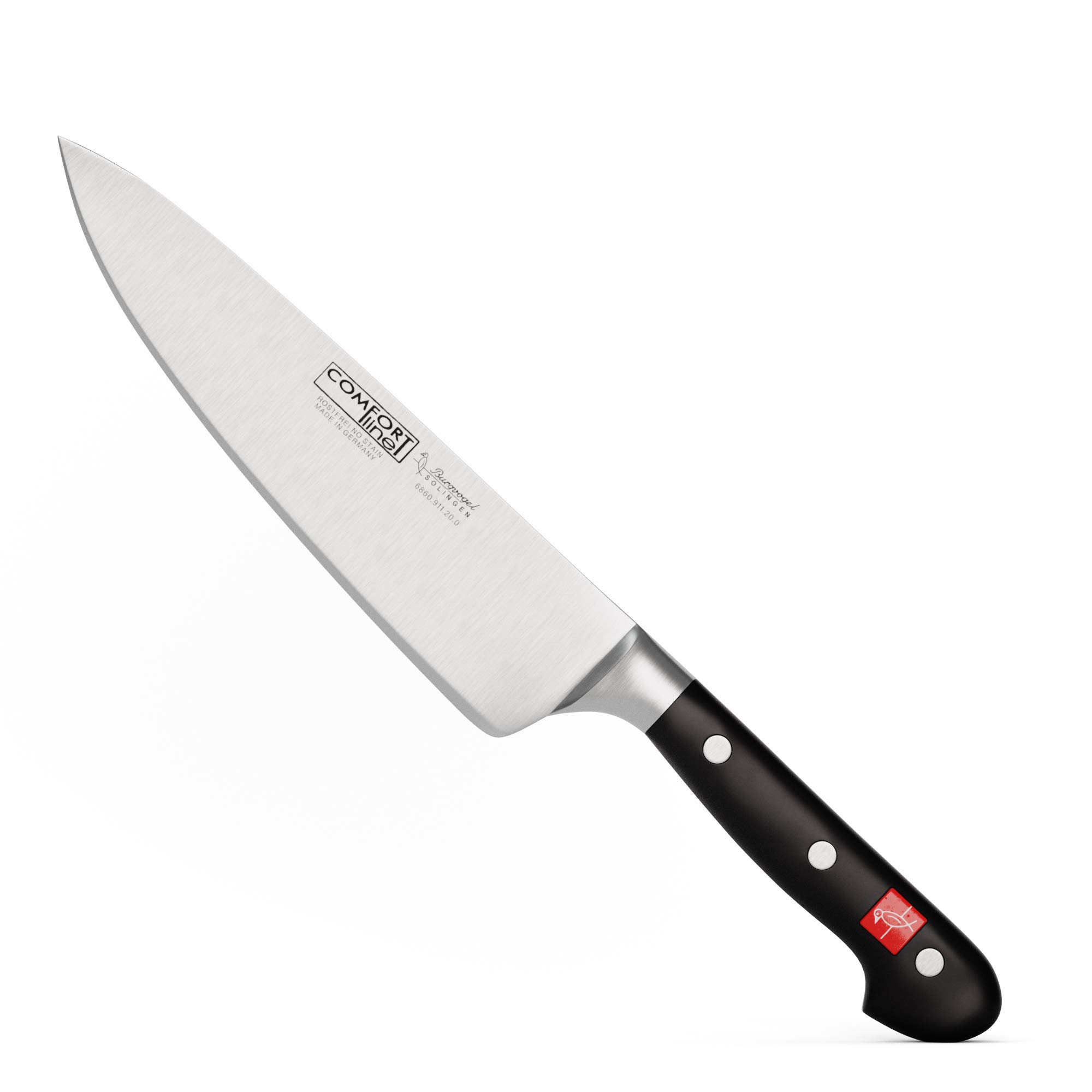 Burgvogel Solingen, Comfort Line, Cuchillo de cocinero, afilado, forjado, 20 cm, inoxidable, apto para lavavajillas, cuchillo de cocina de alta calidad, remachado, negro