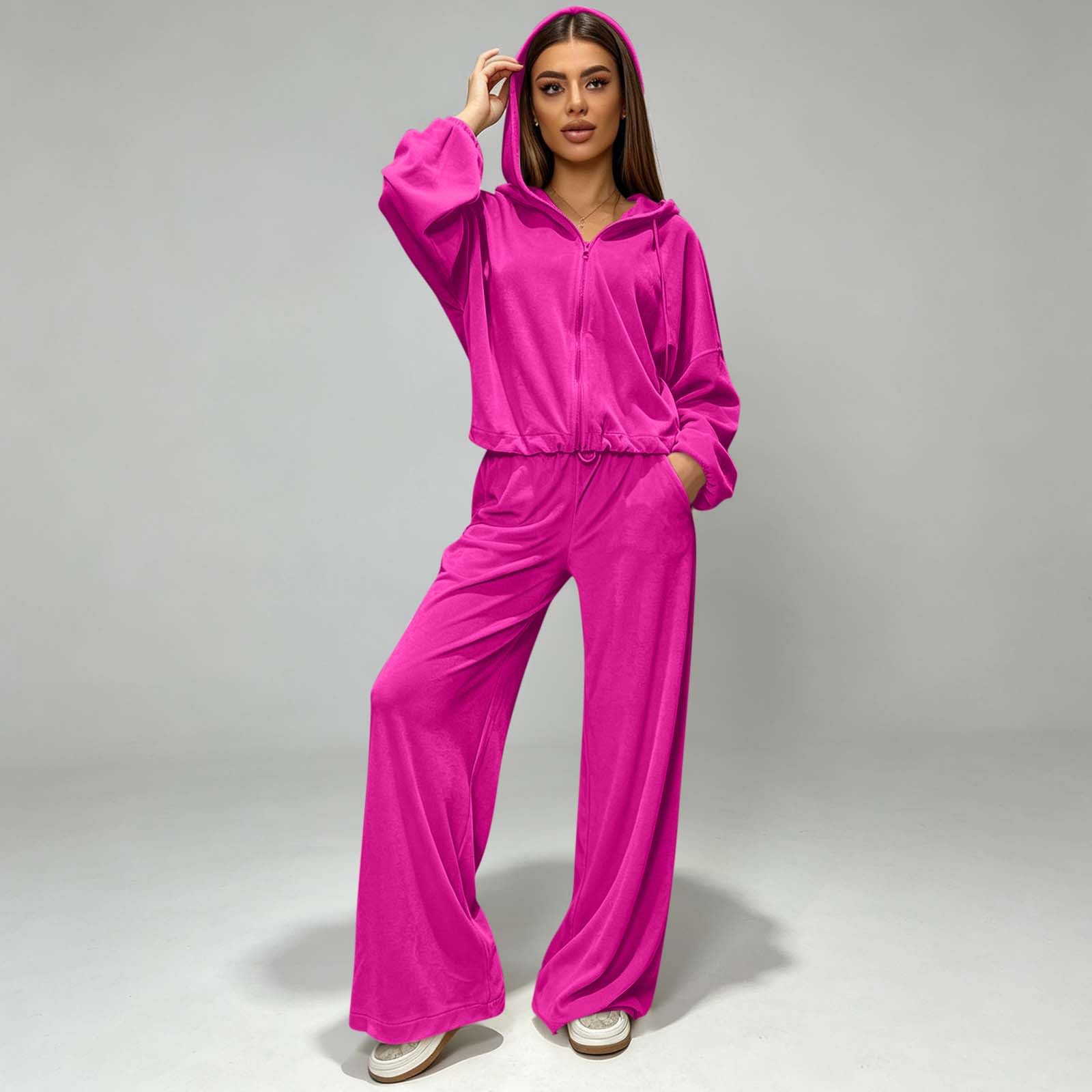 Tuta da donna per il tempo libero, a maniche lunghe, in velluto, 2 | Felpa con cappuccio e pantaloni, per primavera, autunno e inverno