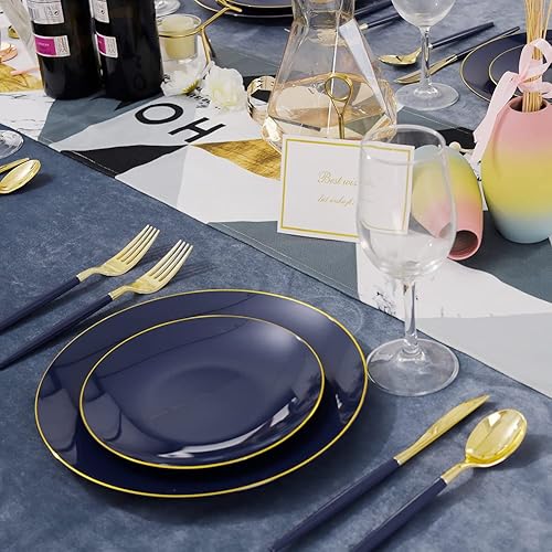 Miniatura 5 de Liacere 150 platos de plástico azul, cubiertos de plástico dorado y platos de plástico rosa de 150 CPS con borde dorado, plástico desechable rosa