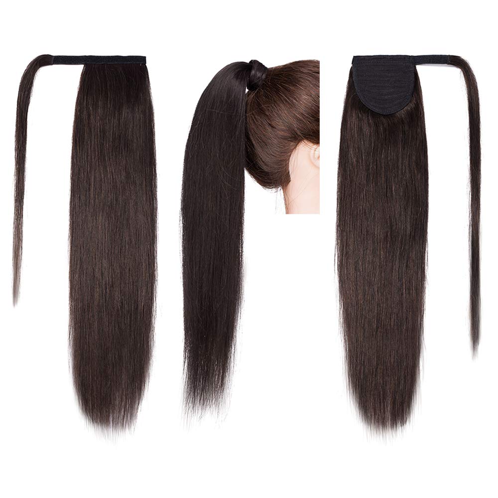 SEGO Pferdeschwanz Haarteil Zopf extensions Ponytail Haarverlängerung clip in Pony Echthaar remy Dunkelbraun 18"(45cm)-90g