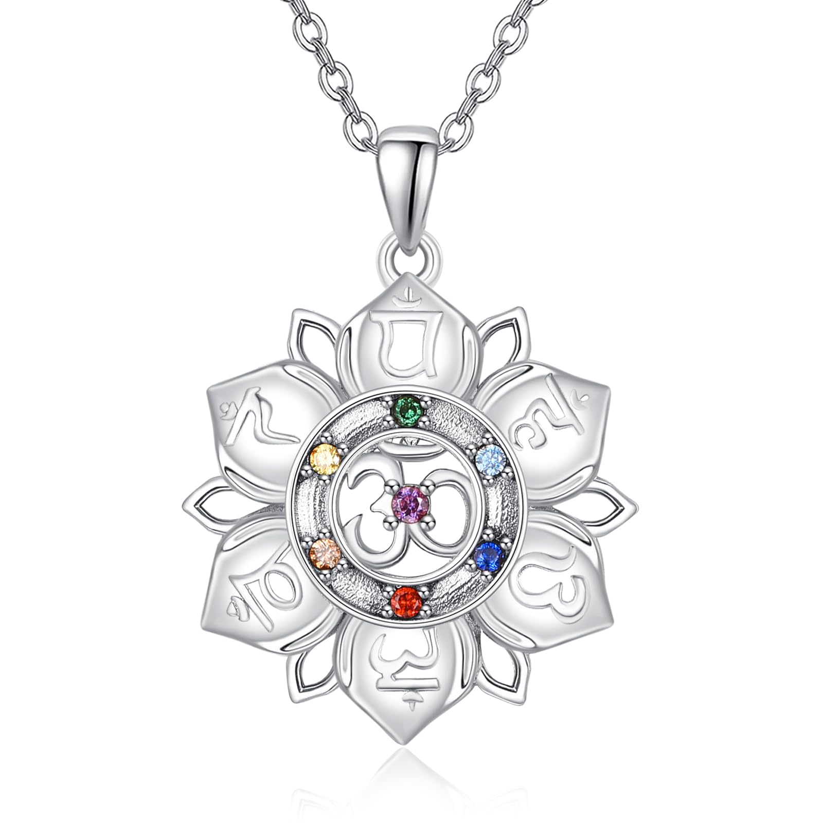 TANGPOET7 Chakra Necklace for Women 925 Sterling Silver Lotus Flower/Cross/Tree of Life Pendant Om Spiritual Healing Jewellery Reiki Meditation Gifts for Her Yoga Lovers with 18"+2" Chain
