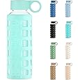 purifyou 40oz / 32oz / 22oz / 12oz Borosilicate Glass Water Bottle with Time & Volume Markers, Silicone Sleeve, Stainless Steel Lid | Reusable Glass Bottle for Water & Juice (32oz Glow-in-the-Dark)