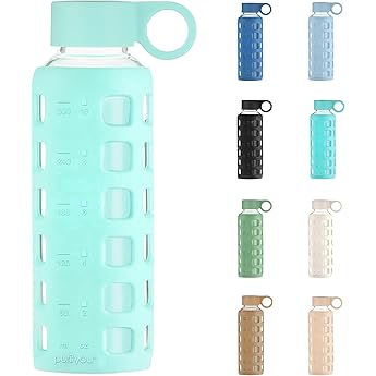 purifyou 40oz / 32oz / 22oz / 12oz Borosilicate Glass Water Bottle with Time & Volume Markers, Silicone Sleeve, Stainless Steel Lid | Reusable Glass Bottle for Water & Juice (32oz Glow-in-the-Dark)