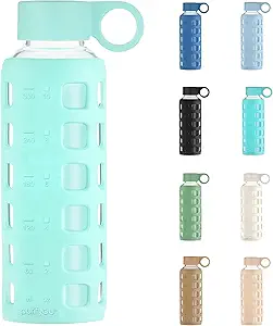 purifyou 40oz / 32oz / 22oz / 12oz Borosilicate Glass Water Bottle with Time & Volume Markers, Silicone Sleeve, Stainless Steel Lid | Reusable Glass Bottle for Water & Juice (12oz Glow-in-the-Dark)