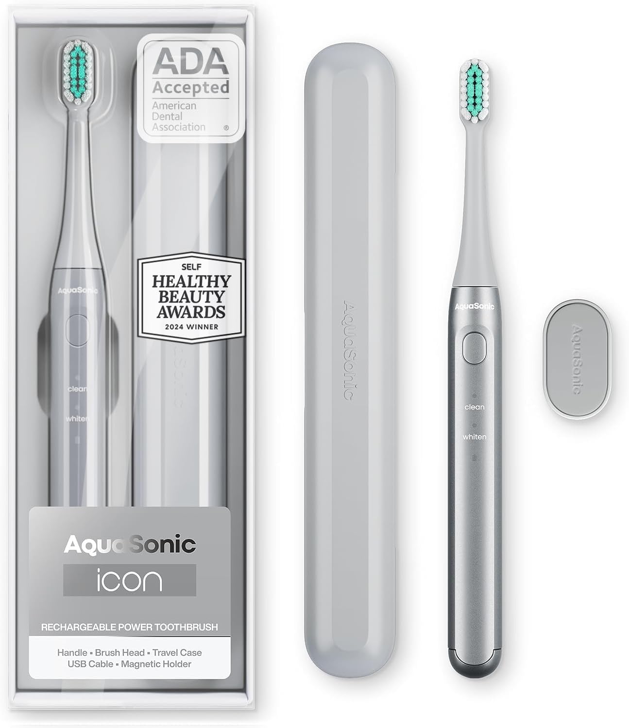Aquasonic Icon ADA-Accepted Rechargeable Toothbrush | Magnetic Holder & Slim Travel Case | 2 Brushing Modes & Smart Timers | Gentle Micro-Vibrations (Stone) Stone 1 Count (Pack of 1)