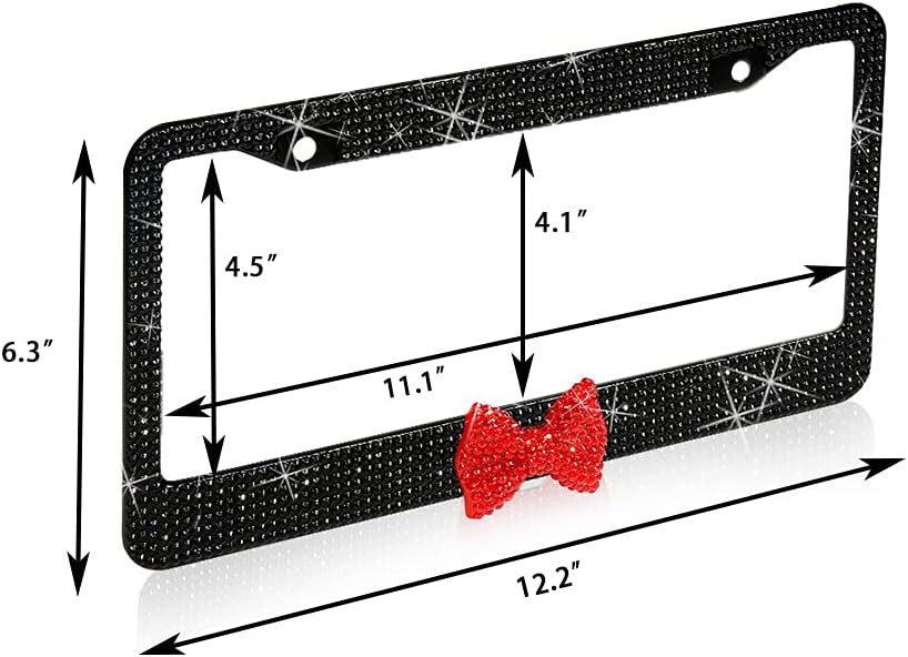 2 Pack Bling License Plate Frame，Handcrafted Bling Rhinestone Premium Stainless Steel License Plate Frame，14 Facets Clear Color Rhinestone Crystal (Black&Red-Bow)
