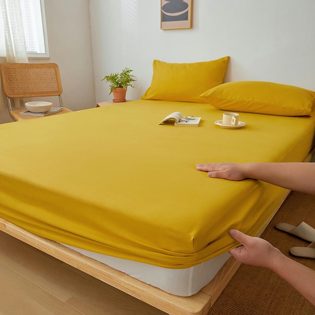Katoenen hoeslaken met elastische band, anti-slip matrashoes voor eenpersoons, tweepersoons, queensize bed, kingsize bed, verstelbaar, effen hoeslaken