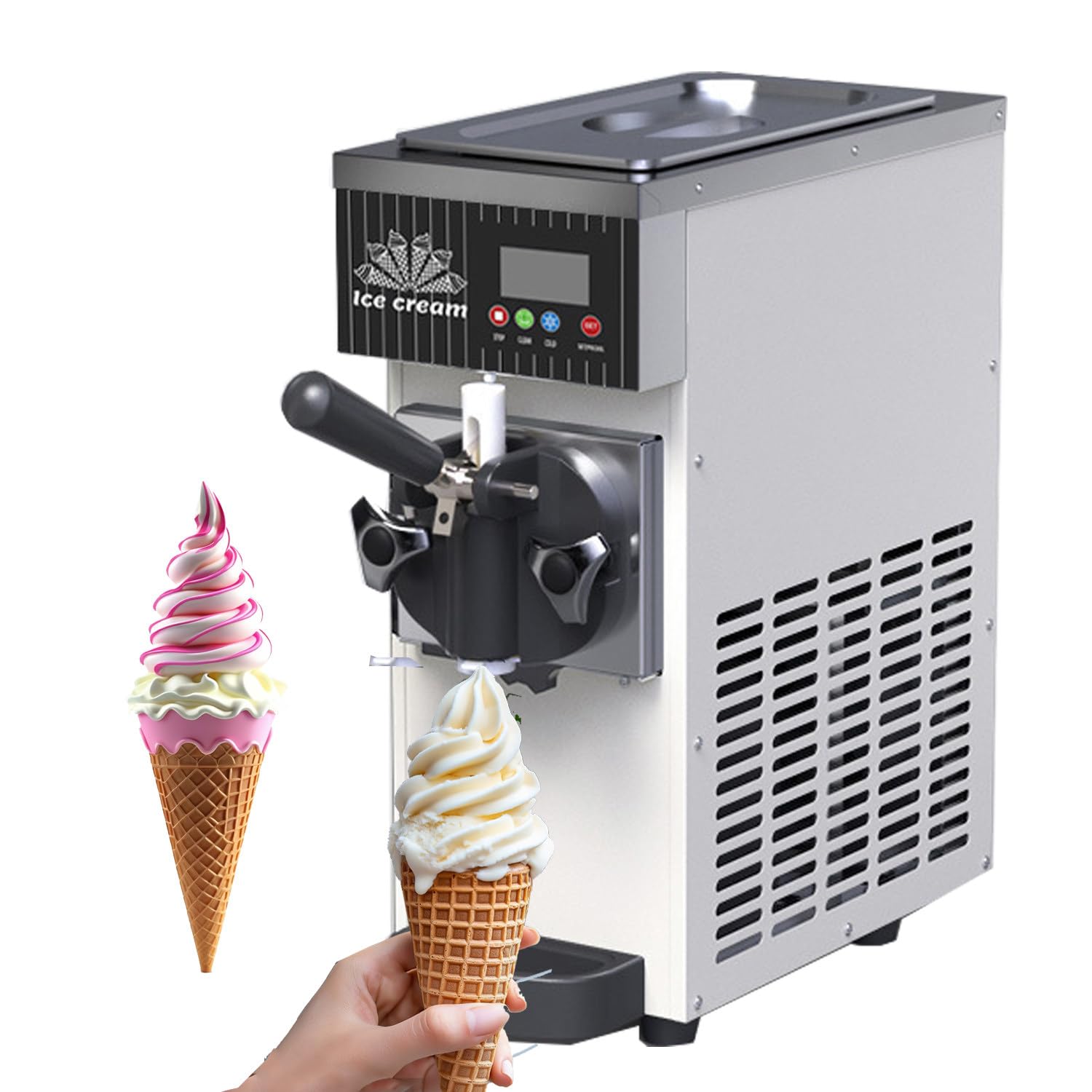Soft Serve Ice Cream Maker Machine 4-5kg H Countertop Ice Cream Machine 2 5L Hopper 1L Cylinder LED