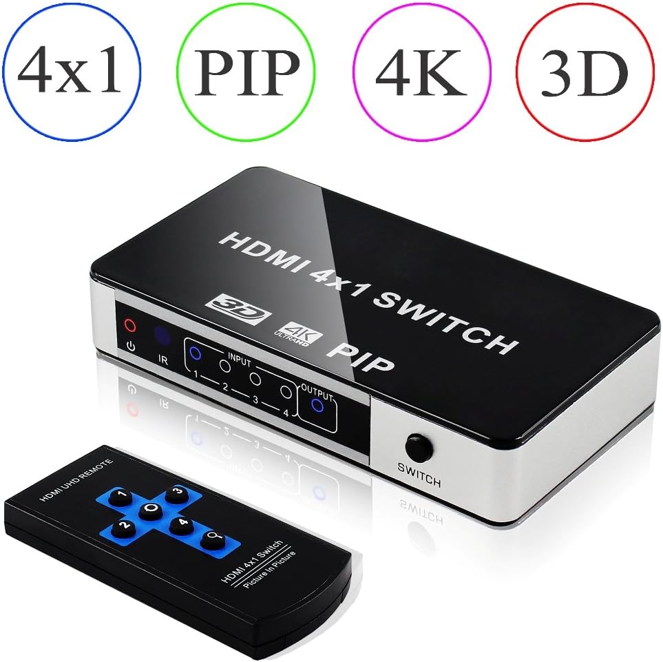 AVENK 4K x 2K 4 Port 4x1 HDMI Switch Switcher Box with PIP and Remote Control Support 4K 1080P 3D