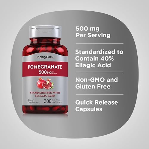 Miniatura 4 de Piping Rock Extracto de granada | 500 mg | 200 cápsulas | estandarizado con ácido elágico | Suplemento sin OMG, sin gluten