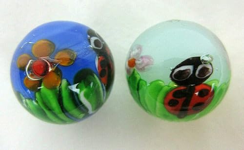 ~2 Mariquitas 0.630 in Arte Hecho a Mármoles Vidrio Insecto Señora Bug Flor Claro