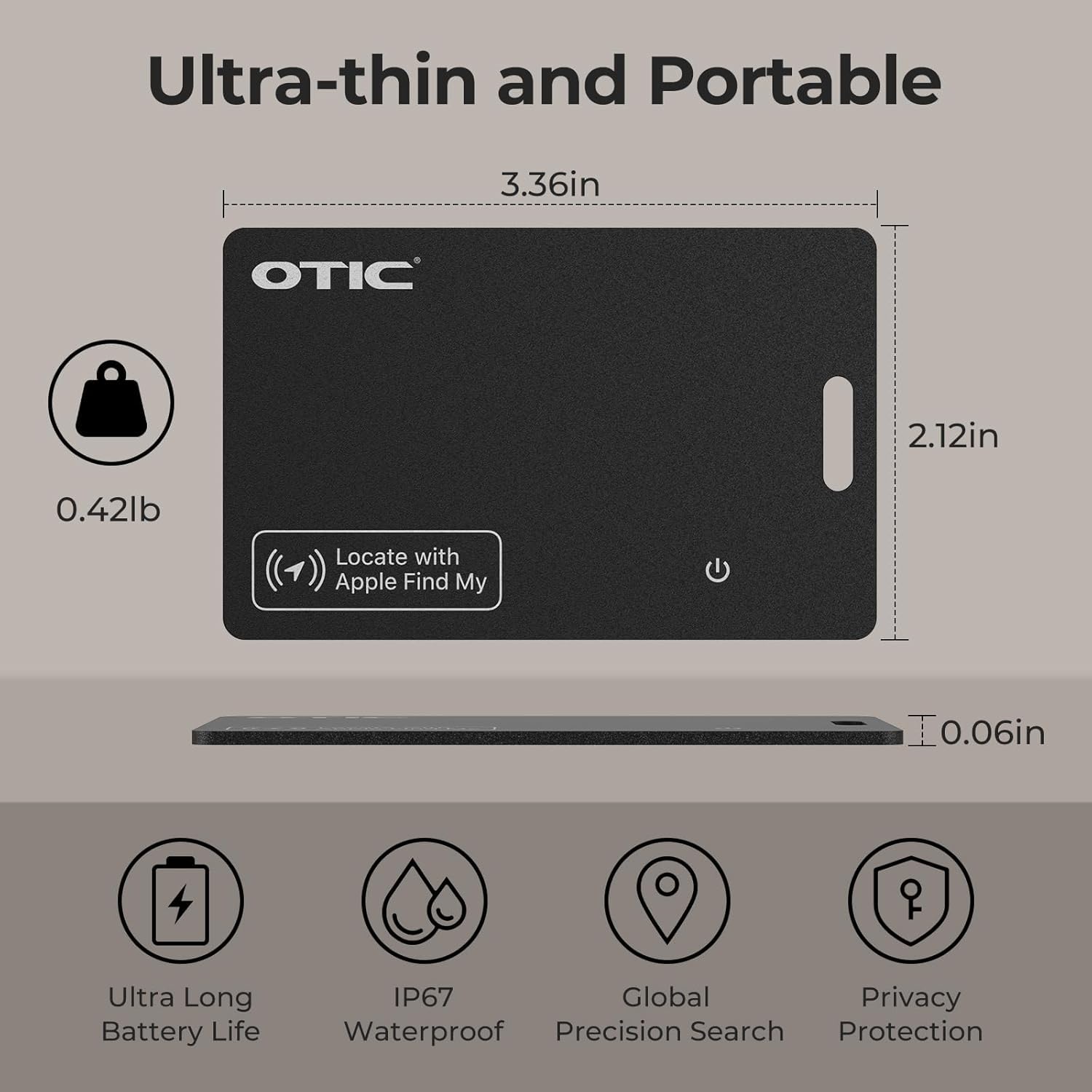 OTIC Wallet Tracker Card, ultra-sottile 1,7 mm ricaricabile Finder, funziona con Apple Find My (solo iOS), localizzatore di oggetti per etichette bagagli, passaporti, telefono, impermeabile IP67