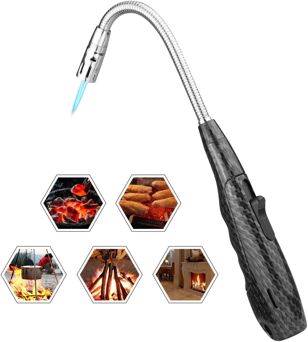 Hocety Candle Lighter, Upgraded Butane Torch lighters 360 Degree Rotation Longer Flexible Neck Bic Lighter, Windproof Outdoor Camping Lighters for Kitchen Cooking BBQ Fireworks (Carbon Fiber)