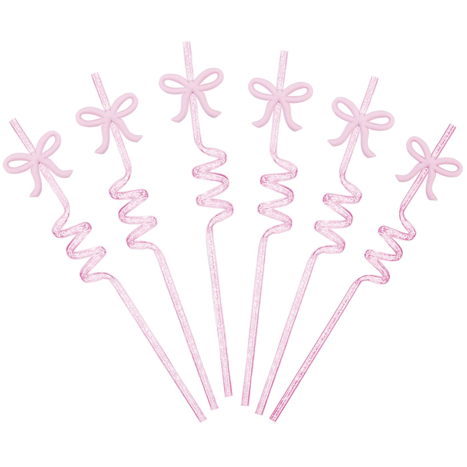 6PCS Bow Curly Straws, Pink Bow Glitter Party Straws, Elegant Plastic Straws Reusable for Kids Adults Birthday Party Family Reunion Decorations Supplies