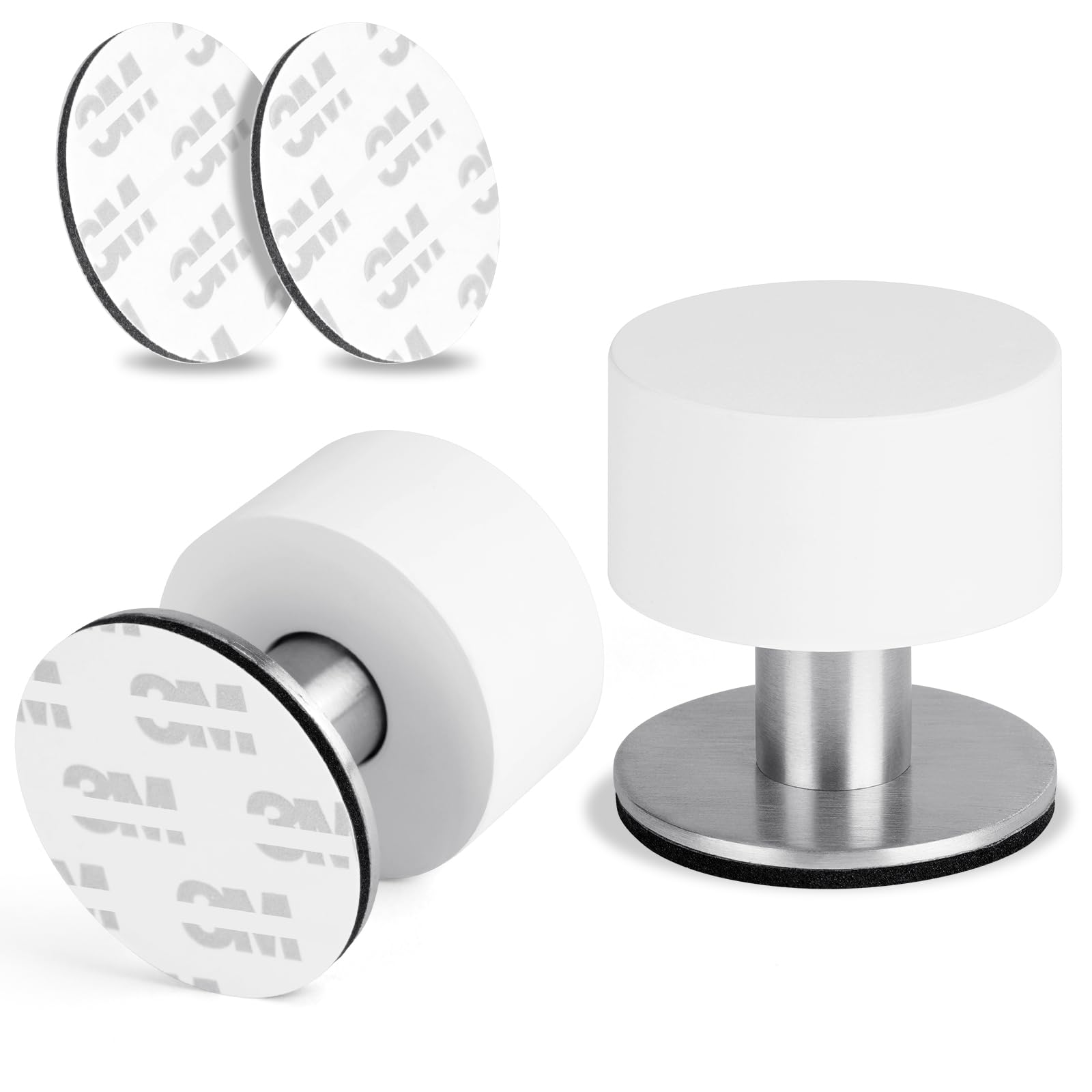 Flintronic 2-Pack Door Stops with Extra Stickers, Self-Adhesive White Rubber & Stainless Steel Body Door Stoppers, Heavy Duty Sound Dampening Door Bumpers, Ideal for Home and Office Use