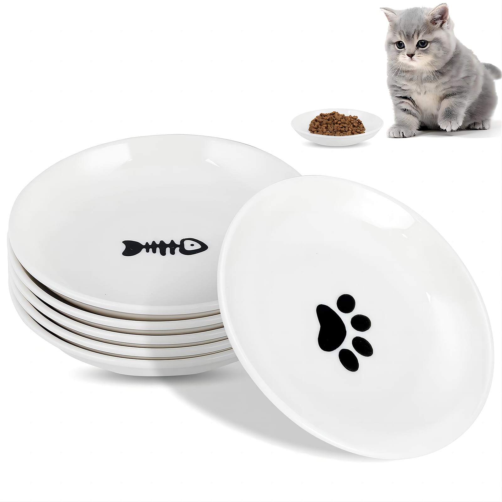 XINGNA 6 Piezas Cuencos de Cerámica para Gatos, comedero Gato Ceramica,comedero Gatos, uencos Plano de Ceramica para Gatos para Aliviar la Fatiga de los Bigotes,para Gatos y Animales pequeños (Blanco)