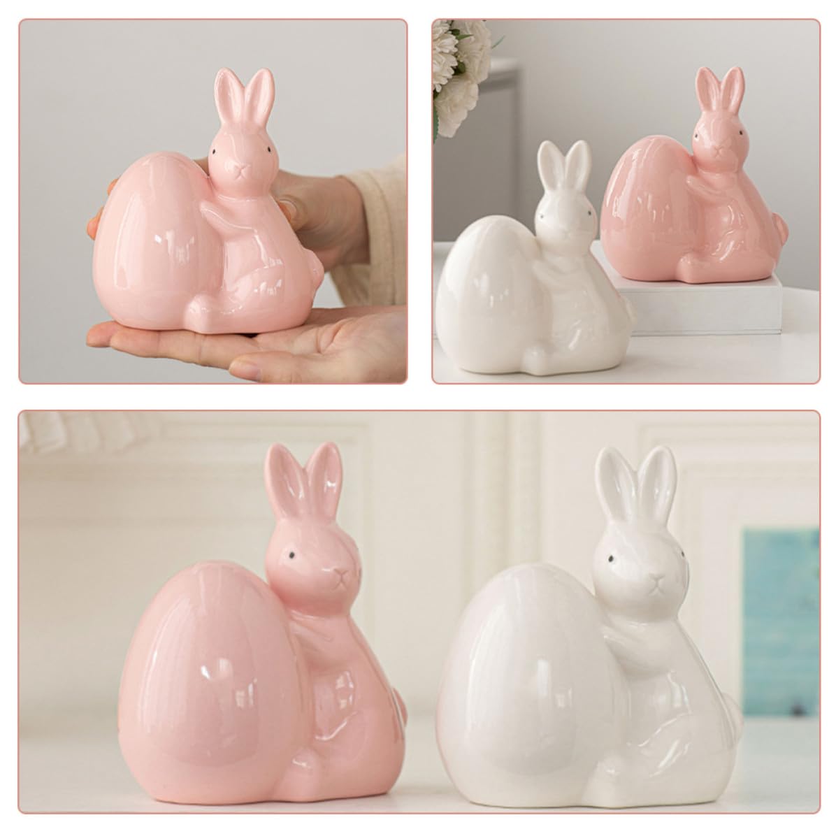 TOYANDONA 2 Pezzi Statua di Coniglio Pasquale in Ceramica Uovo Decorativo, Ornamento da Tavolo Primaverile per Decorazioni di Pasqua e Arredamento Domestico Elegante