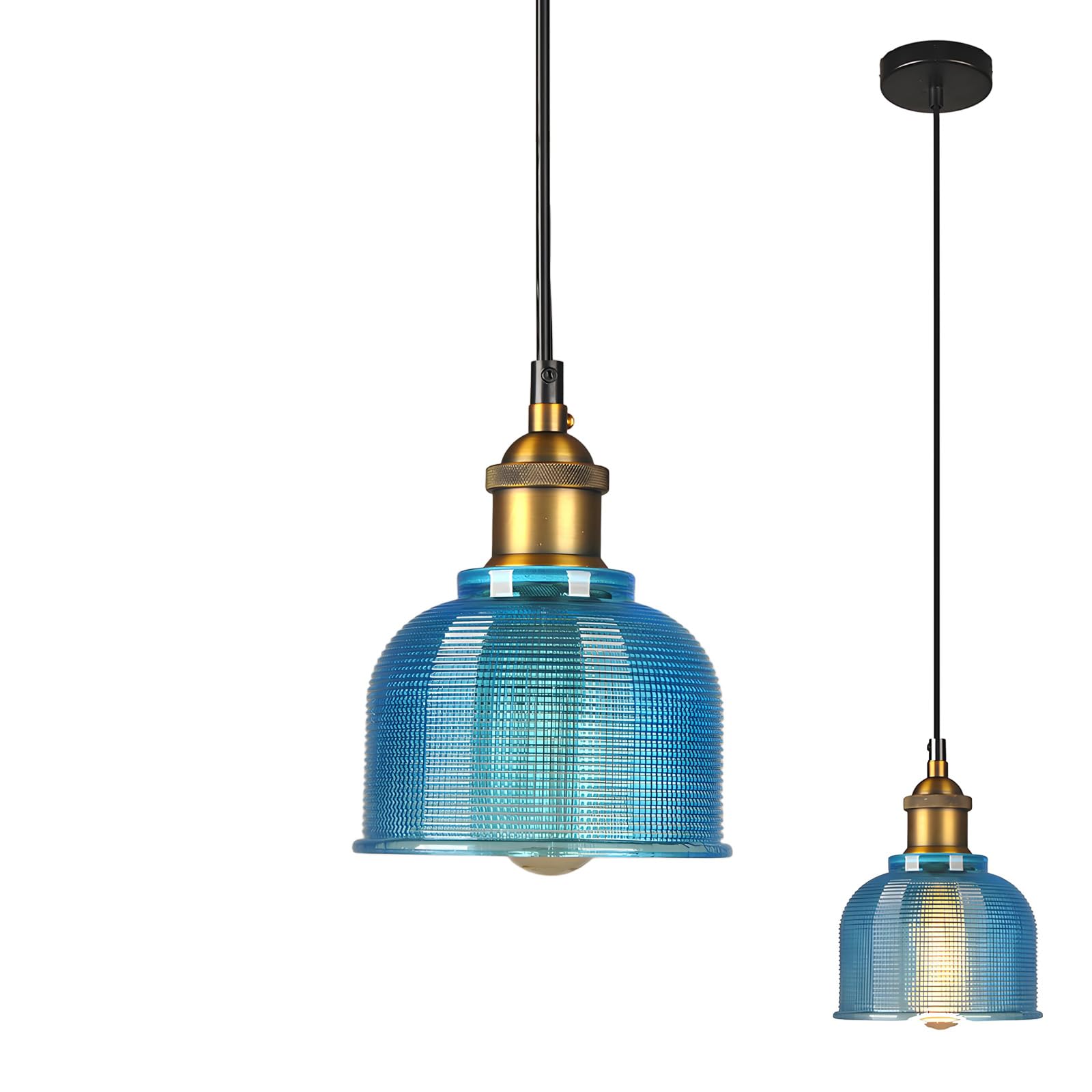 LFsem Vintage Industrielle Pendelleuchte Bunte Glas Lampenschirm Decken Leuchte E27 Loft Hängelampe Suspension Beleuchtung Für Restaurants Bar (Blau) Beleuchtung