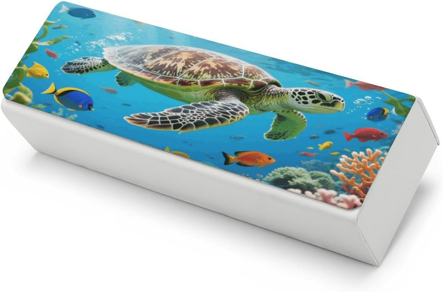 PU Leather Sunglasses Case Waterproof Sea Turtle Colorful Fish Eyeglass Case with Cleaning Cloth Lightweight Eyewear Pouch Hard Shell Protective Sleeve for Reading Driving Computer Glasses