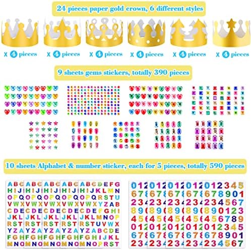 SIQUK 24 Pieces Paper Crown Golden Party Crown with 980 Pieces Gem Jewels Alphabet Number Letter Stickers Crown Decorating Kit for Kids Adults Party and Celebration, Lovely Style