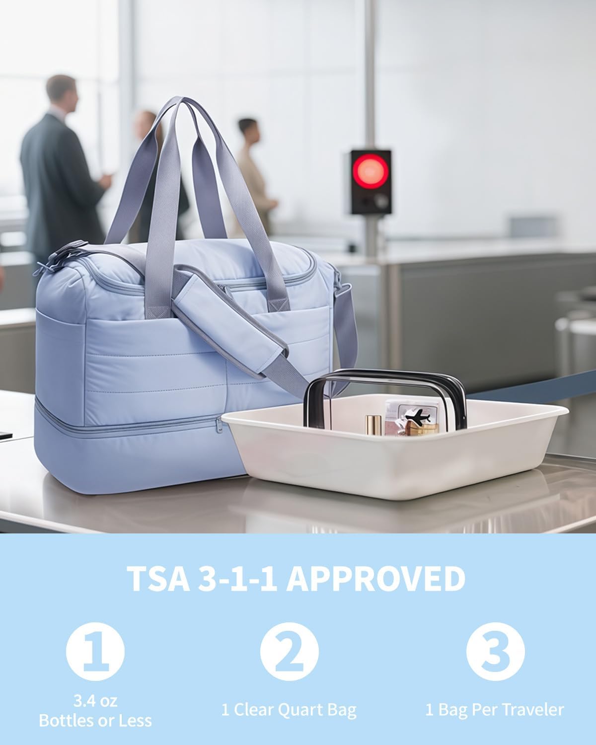 WANDF For Spirit Airlines Personal Item Bag 18x14x8, Lightweight Puffer Travel Duffle Bag for Women with Shoe Compartment & TSA Toiletry Bag Gym Hospital Carry-On Weekender Overnight (Blue)