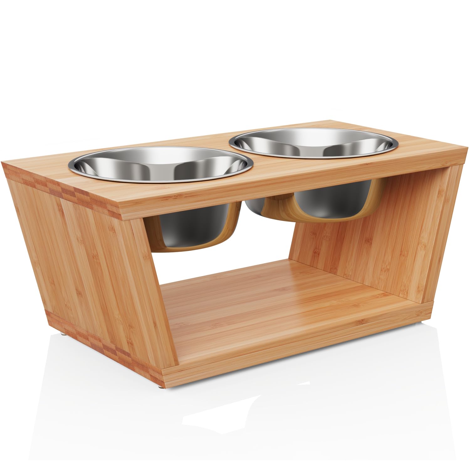 Comedero para Mascotas - Soporte Elevado de Bambu para Perros Medianos y Grandes - Alimentador de Madera - 4 Tazones de Acero Inoxidable: 4X 1650 ml – 44x 23 x 18 - Mediano